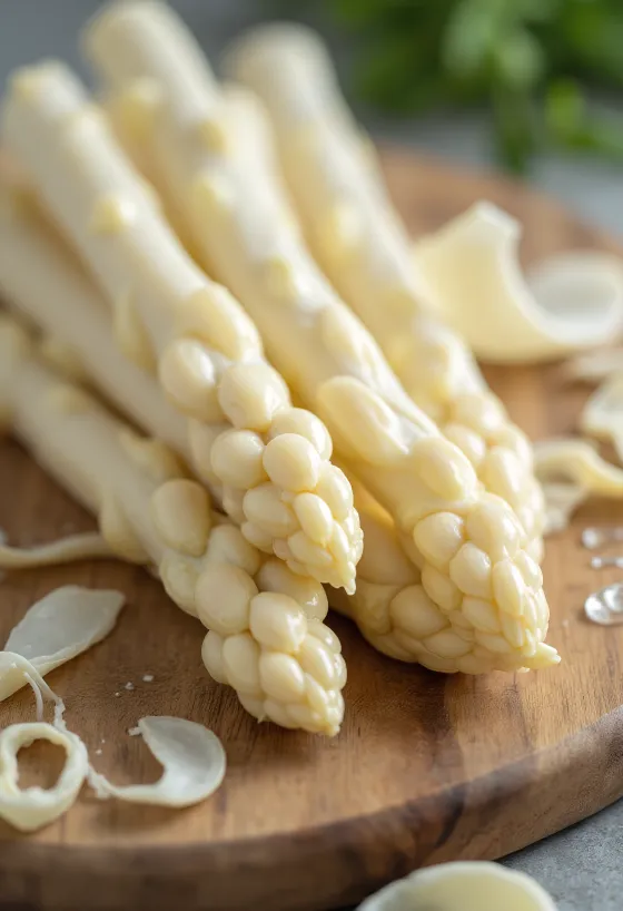Värske valge spargel elegantses seades maalähedasel puidust taustal