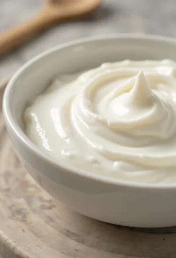 Maitsestamata jogurt klaaskausis, lusikaga, puidust köögipinnal