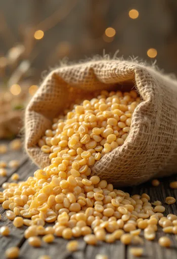 Puhastatud odraterad väikeses kotis ja puidust pinnal laiali laotatuna