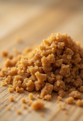 Pruun suhkur kausis puidust lusikaga, melassiteradega