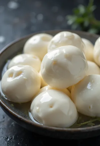 Värske pühvli-mozzarella valges keraamilises kausis puidust laual