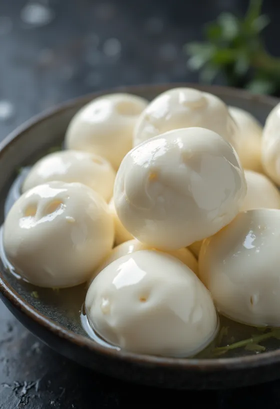 Värske pühvli-mozzarella valges keraamilises kausis puidust laual