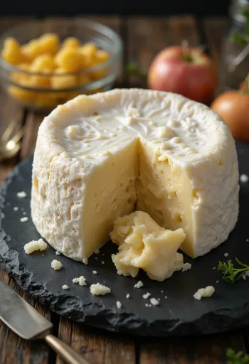 Viilutatud Camembert'i juust puidust lõikelaual, kreemja sisuga