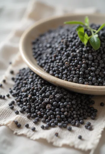 Mustad chia seemned lähivaates, hajutatud valgel taustal