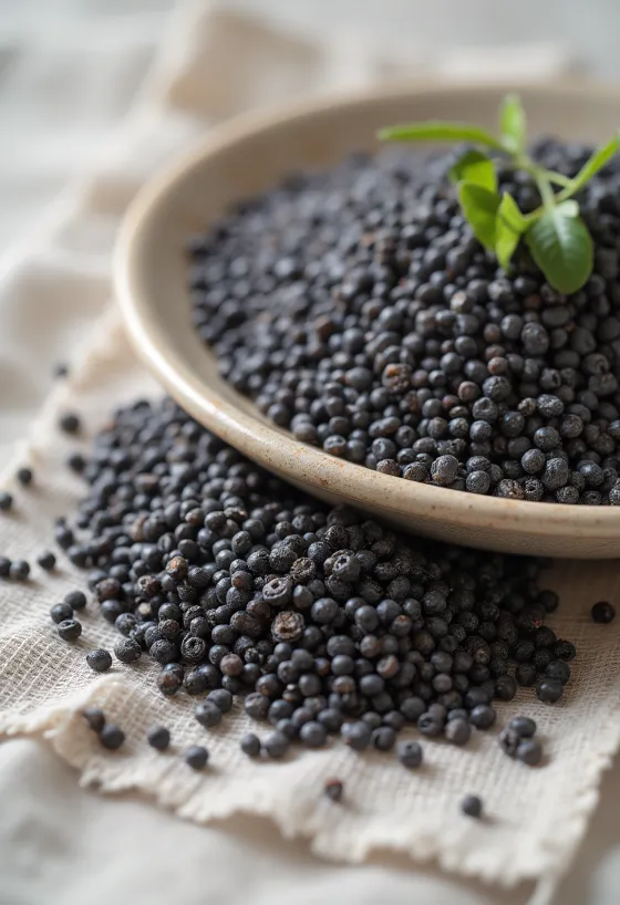 Mustad chia seemned lähivaates, hajutatud valgel taustal