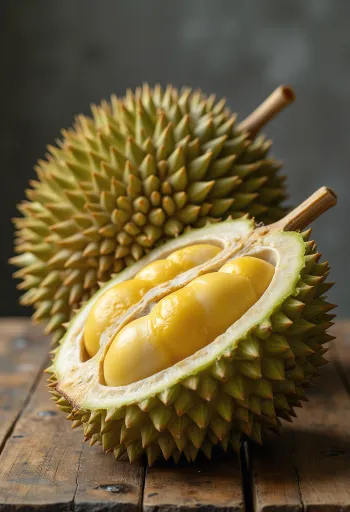 Terve ja lahtilõigatud durian ogalise kesta ja kreemja sisuga