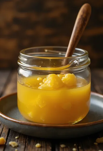 Ghee ehk selitatud või klaaskausis, puulusikaga maalähedasel pinnal
