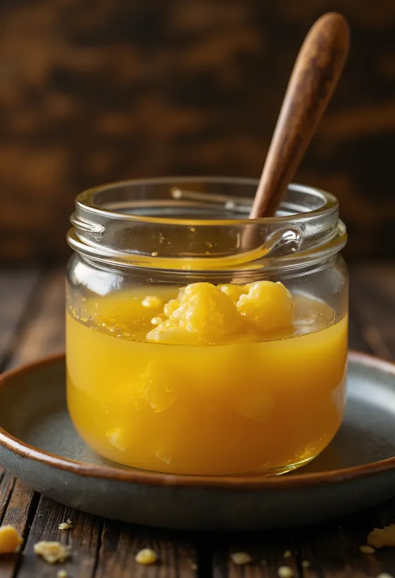 Ghee ehk selitatud või klaaskausis, puulusikaga maalähedasel pinnal