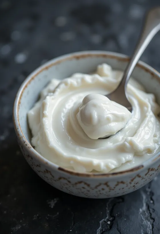 Paks kreeka jogurt väikeses keraamilises kausis, kõrval lusikas paksu jogurtiga