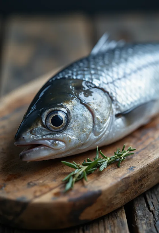 Värske heeringas sidruni, sibula ja tilliga puidust lõikelaual