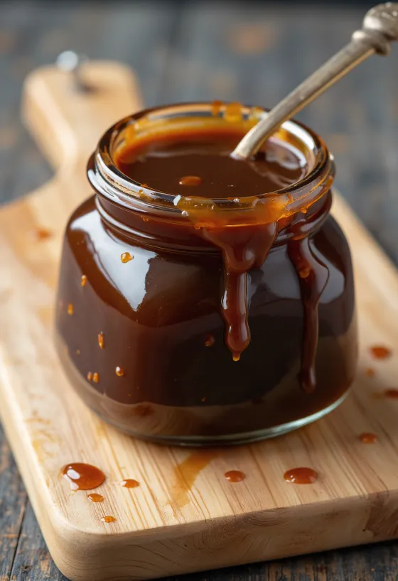 Tume Hoisin-kaste keraamilises kausis, ümber fermenteeritud sojaoad, viie vürtsi segu, küüslauk, äädikas, seesamiõli ja suhkur