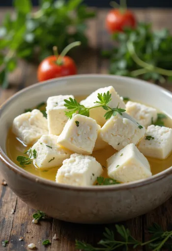 Värske lambapiimast feta juust valges keraamilises kausis, maalähedasel puitlaual