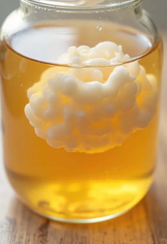 Kombucha põhja koostisosad: SCOBY, must tee, suhkur ja käärituspurk puidust pinnal