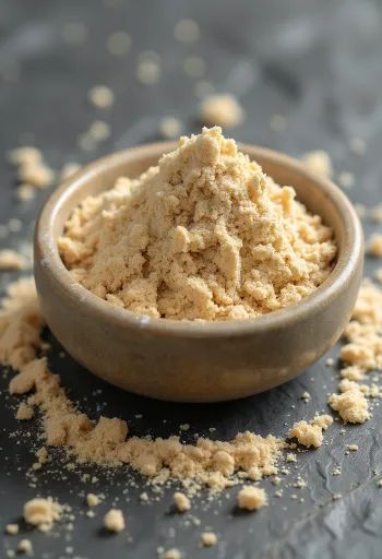 Baobabi pulber väikeses klaasis, maise pruuni värvusega, ümbritsetud värskete baobabi viljadega