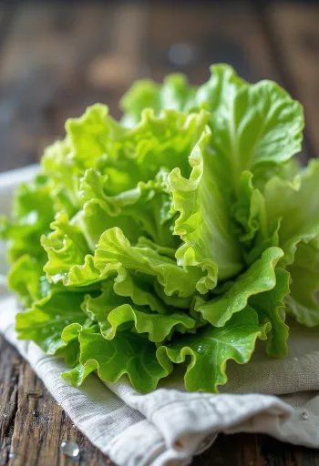 Värske Bataviasalat, käharate roheliste lehtede ja punakate varjunditega lõikelaual