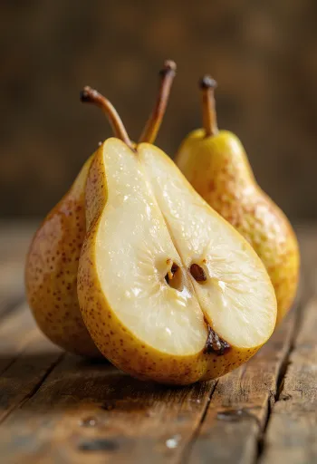 Bosc pirni viilud ja terved puuviljad lõikelaual