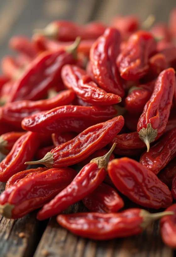 Goji marjad väikeses purgis, rikkalik punane värv, ümberringi kuivatatud marjad
