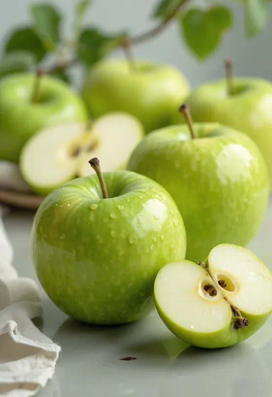 Värsked 'Granny Smith' õunad ja viilud lõikelaual