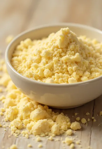 Lucuma pulber väikeses klaasis, rikkaliku kollase värvusega, ümbritsetud värskete lucuma viljadega