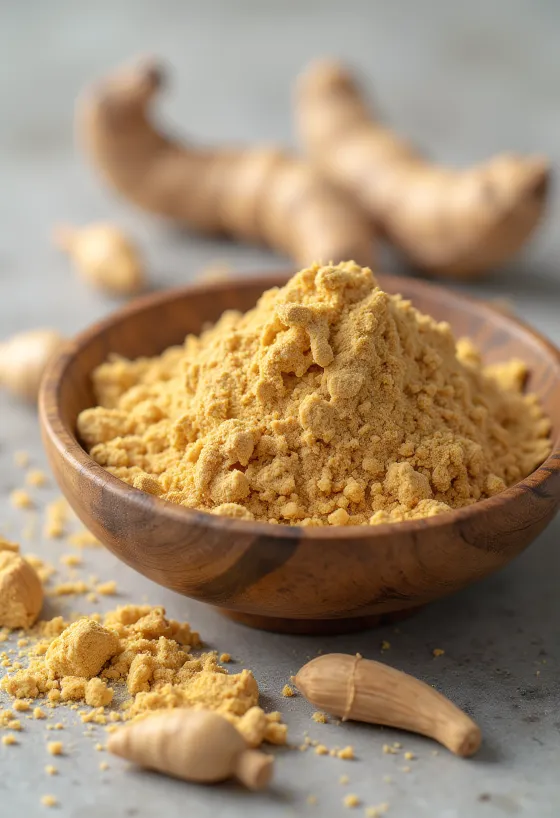 Maca pulber väikeses klaasis, maise pruuni värvusega, ümbritsetud värskete maca juurtega