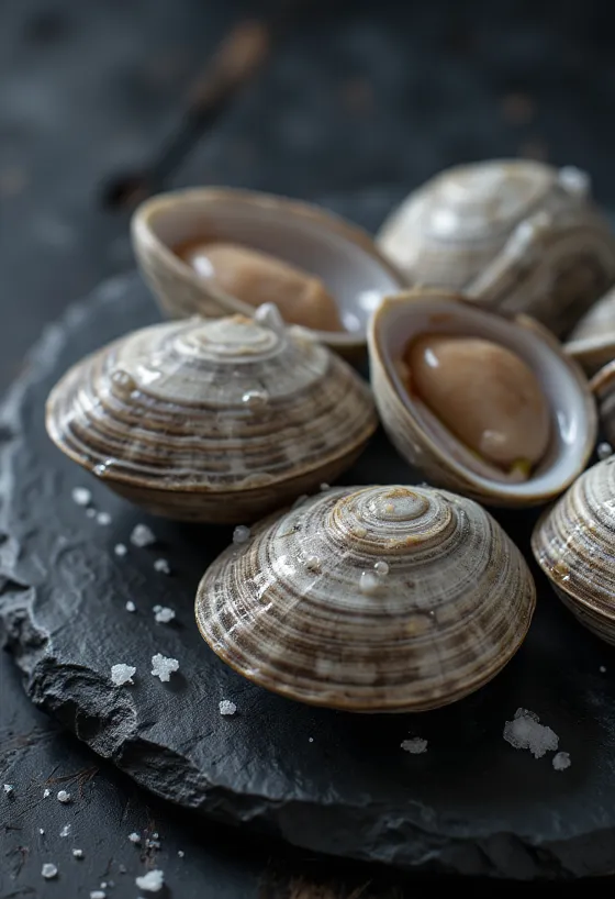 Värske Ameerika veenuskarbi (Quahog) liha lõikelaual
