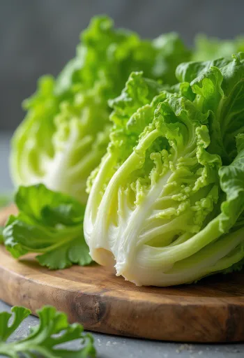Värske rooma salat, pikkade, krõmpsuvate roheliste lehtedega lõikelaual