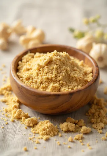 Ashwagandha pulber väikeses klaasis, maise pruuni värvusega, ümbritsetud värskete ashwagandha juurtega