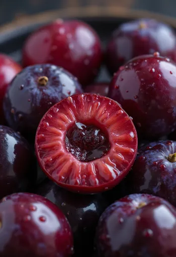 Veriploomi viil, erkpunane viljaliha lähiplaanis, tuues esile vilja mahlase tekstuuri