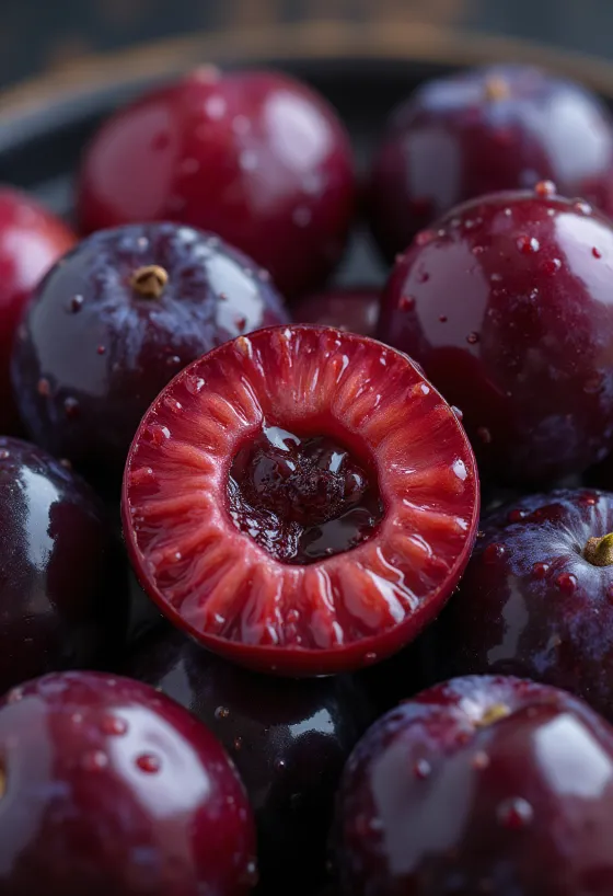 Veriploomi viil, erkpunane viljaliha lähiplaanis, tuues esile vilja mahlase tekstuuri
