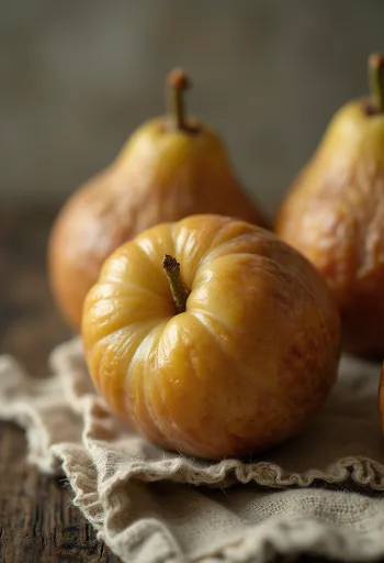 Lahtilõigatud ja terve astelpihlakas pruuni koore, želeeja sisu ja seemnetega puitpinnal