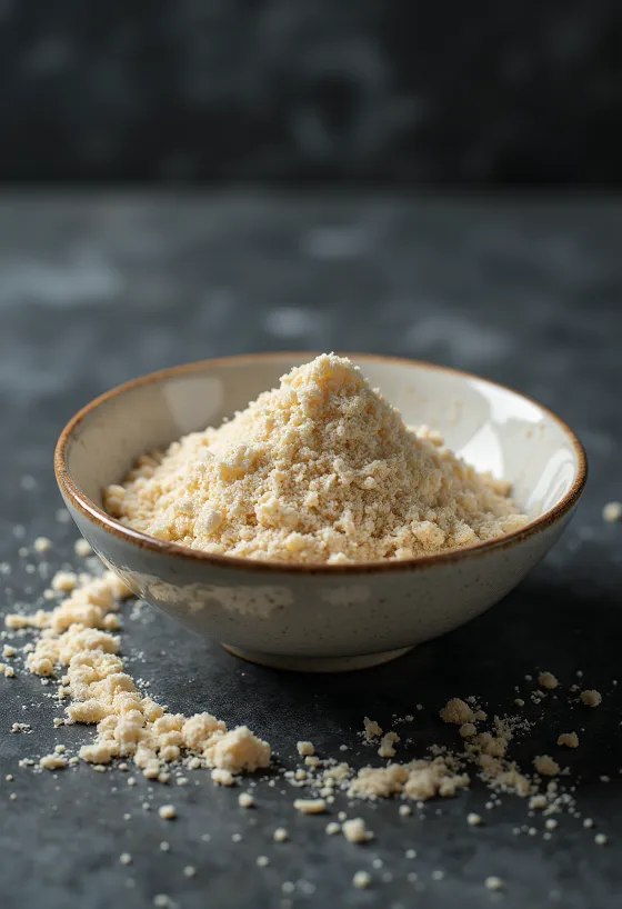 Helebeež riisivalgu pulber kausis koos pruuni riisiga