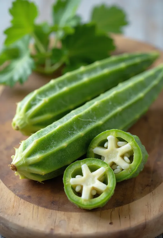 Värsked okra kaunad, viilutatud ja terved lõikelaual