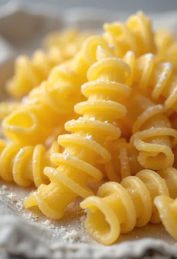 Kuiv fusilli pasta puidust pinnal spiraalse kujuga laiali puistatuna