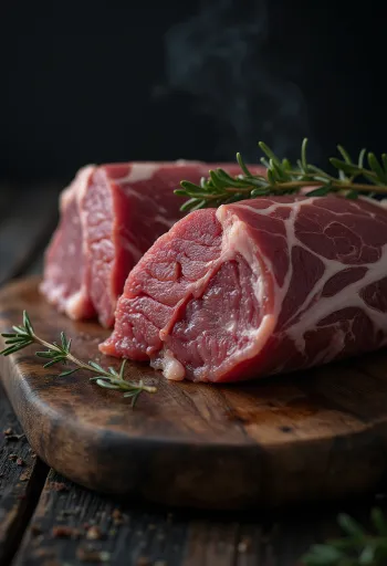 Värsked metskitseliha tükid kadakamarjade, rosmariini ja küüslauguga puitpinnal