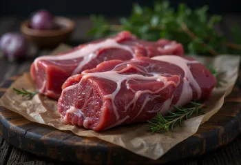 Värsked metskitseliha tükid kadakamarjade, rosmariini ja küüslauguga puitpinnal