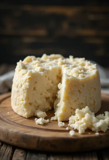 Värske lambapiimast Pecorino juust valges keraamilises kausis puitlaual