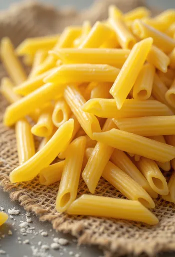 Kuiv penne pasta soonilise pinnaga puidust taustal
