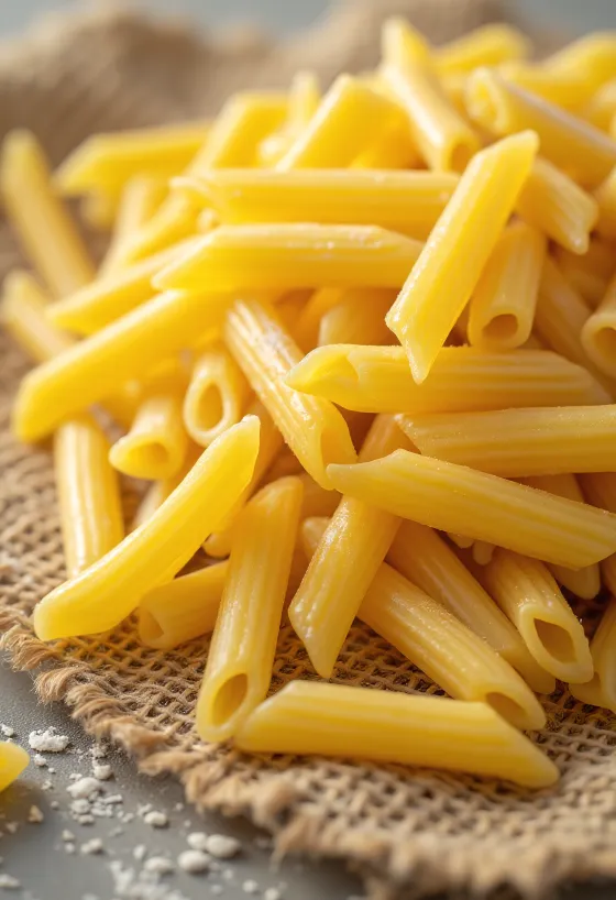 Kuiv penne pasta soonilise pinnaga puidust taustal