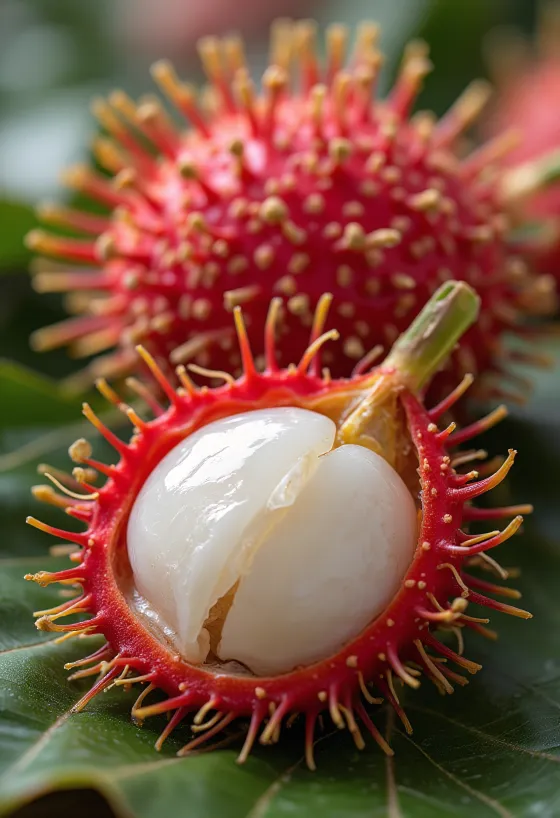 Terve ja poolitatud rambutan punase, karvase koore ja valge sisuga