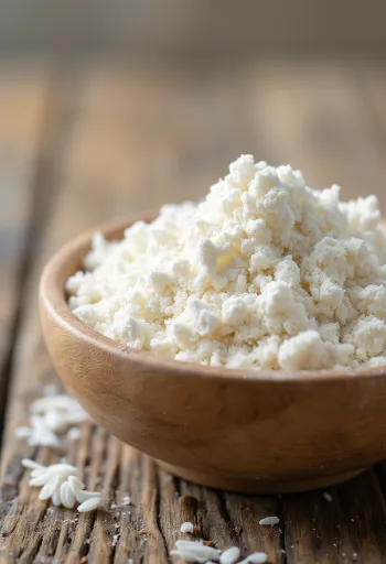 Peen riisijahu keraamilises kausis, puidust pinnale puistatuna