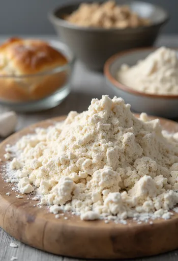 Toores rukkijahu keraamilises kausis, puidust pinnale puistatuna