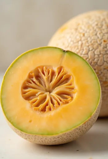 Viilutatud melon oranži viljalihaga ja seemnetega puidust pinnal