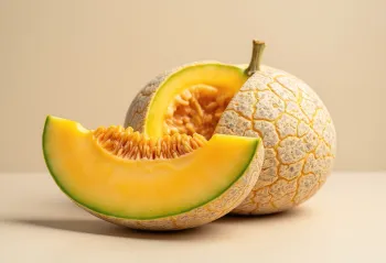 Viilutatud melon oranži viljalihaga ja seemnetega puidust pinnal