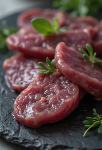 Viilutatud toores sea maks puidust lõikelaual, tumepunased tükid