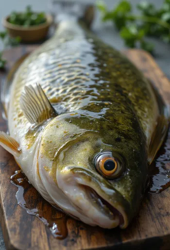 Värsked ahvenafileed maitseainete ja sidruniga puidust lõikelaual