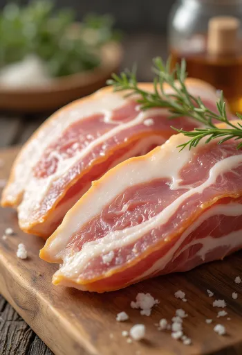 Viilutatud toores peekon puidust lõikelaual, selgelt nähtavate rasva- ja lihakihtidega