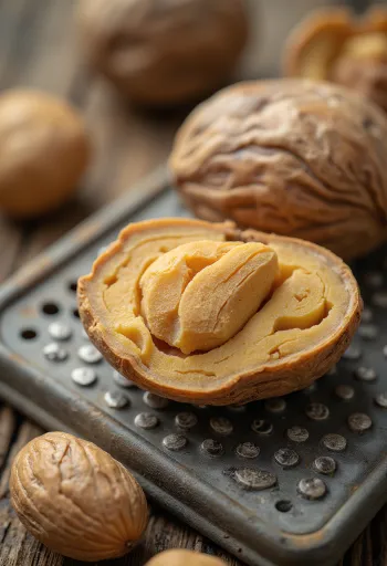 Terve ja jahvatatud muskaatpähkel kausis puidust pinnal