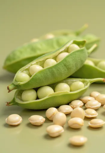 Sojaoad keraamilises kausis ja laiali puistatuna puitlaual, edamame kaunade ja lehtedega