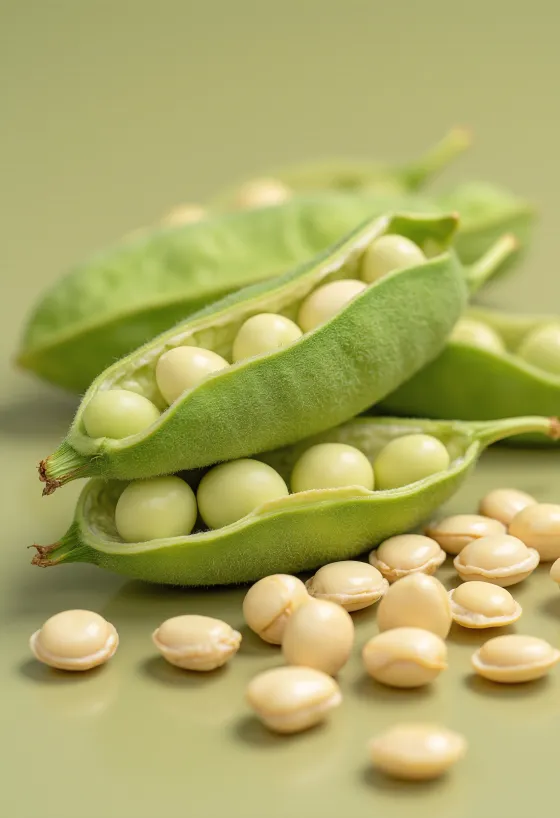 Sojaoad keraamilises kausis ja laiali puistatuna puitlaual, edamame kaunade ja lehtedega
