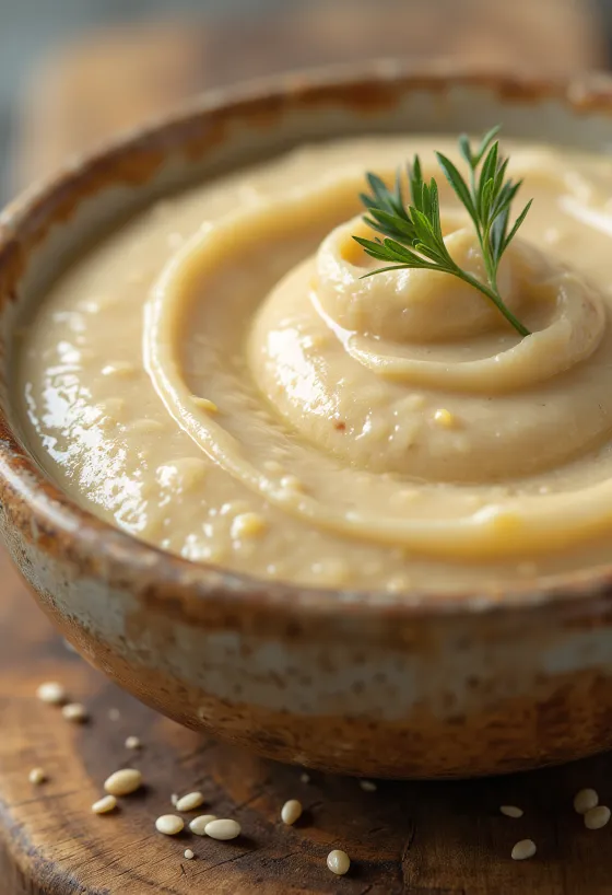 Kreemjas tahiinipasta kausis, kõrval seesamiseemned